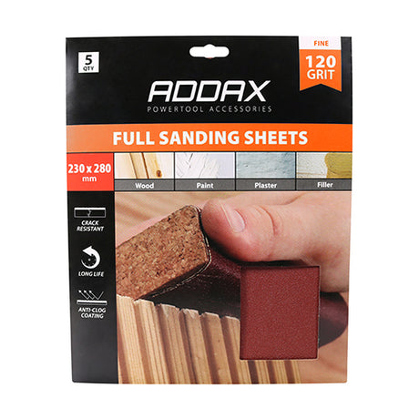 This is an image of Timco - Sanding Sheets - 120 Grit - Red 230 x 280mm (5 Pieces Pack) 231191