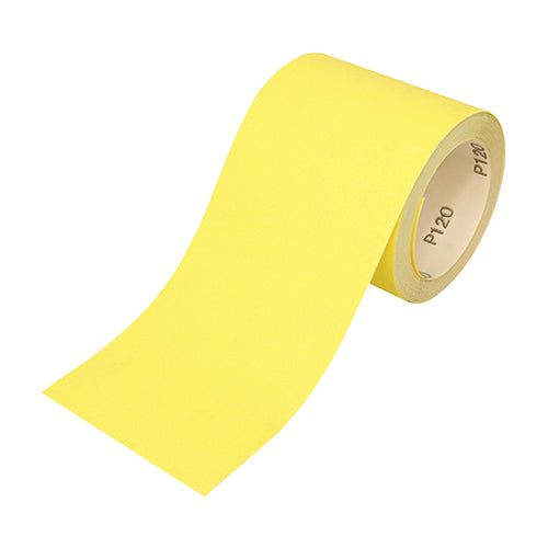 This is an image of Timco - Sandpaper Roll - 120 Grit - Yellow 115mm x 10m (1 Each Roll) 231405