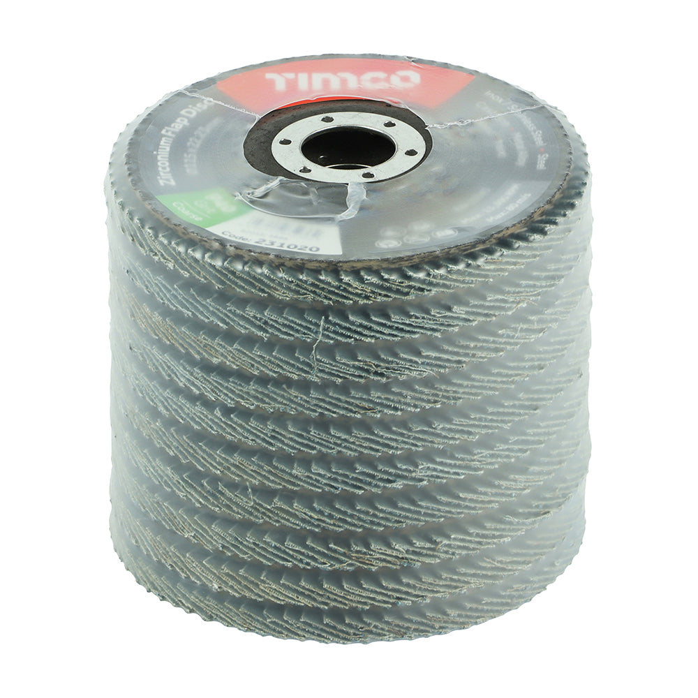 This is an image of Timco - Set of Flap Discs - Zirconium - Type 29 Conical - P40 Grit 115 x 22.23 (10 Pieces Box) 231444