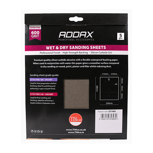 This is an image of Timco - Wet & Dry Sanding Sheets - 600 Grit - Black 230 x 280mm (5 Pieces Pack) 231485