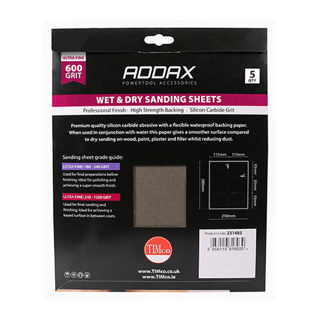 This is an image of Timco - Wet & Dry Sanding Sheets - 600 Grit - Black 230 x 280mm (5 Pieces Pack) 231485