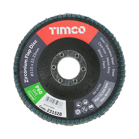 This is an image of Timco - Flap Disc - Zirconium - Type 29 Conical - P60 Grit 115 x 22.23 (1 Each Pack) 231528