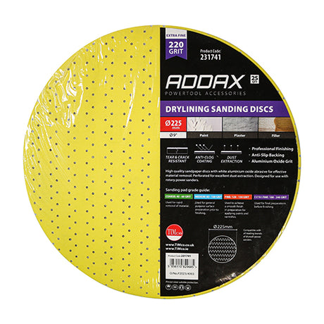 This is an image of Timco - Drylining Sanding Discs - 220 Grit - Yellow 225mm (25 Pieces Pack) 231741