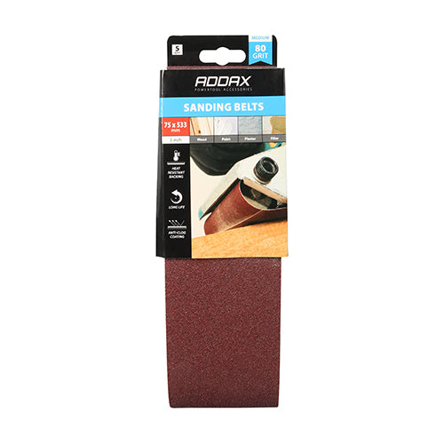 This is an image of Timco - Sanding Belts - 80 Grit - Red 75 x 533mm (5 Pieces Pack) 231841