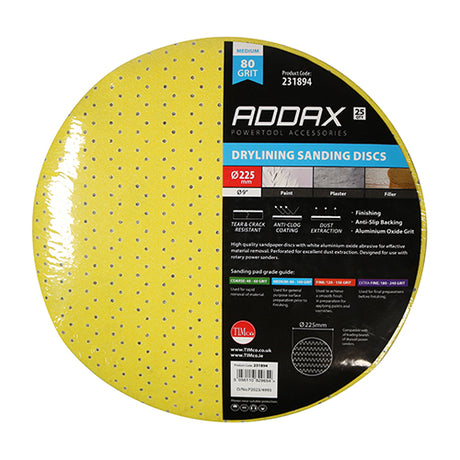 This is an image of Timco - Drylining Sanding Discs - 80 Grit - Yellow 225mm (25 Pieces Pack) 231894