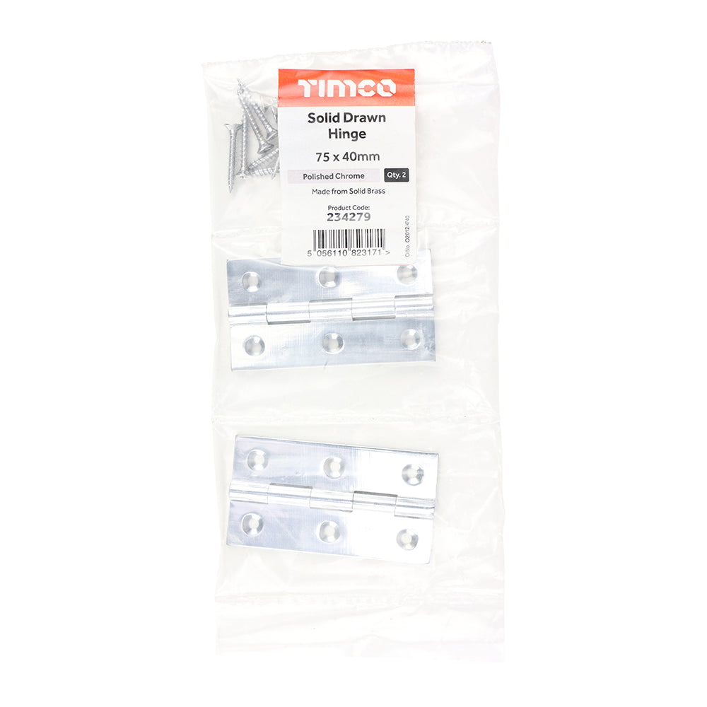 This is an image of Timco - Solid Drawn Hinge - Solid Brass - Polished Chrome 75 x 40 (1 Pairs Bag) 234279
