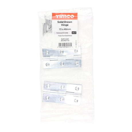 This is an image of Timco - Solid Drawn Hinge - Solid Brass - Polished Chrome 75 x 40 (1 Pairs Bag) 234279