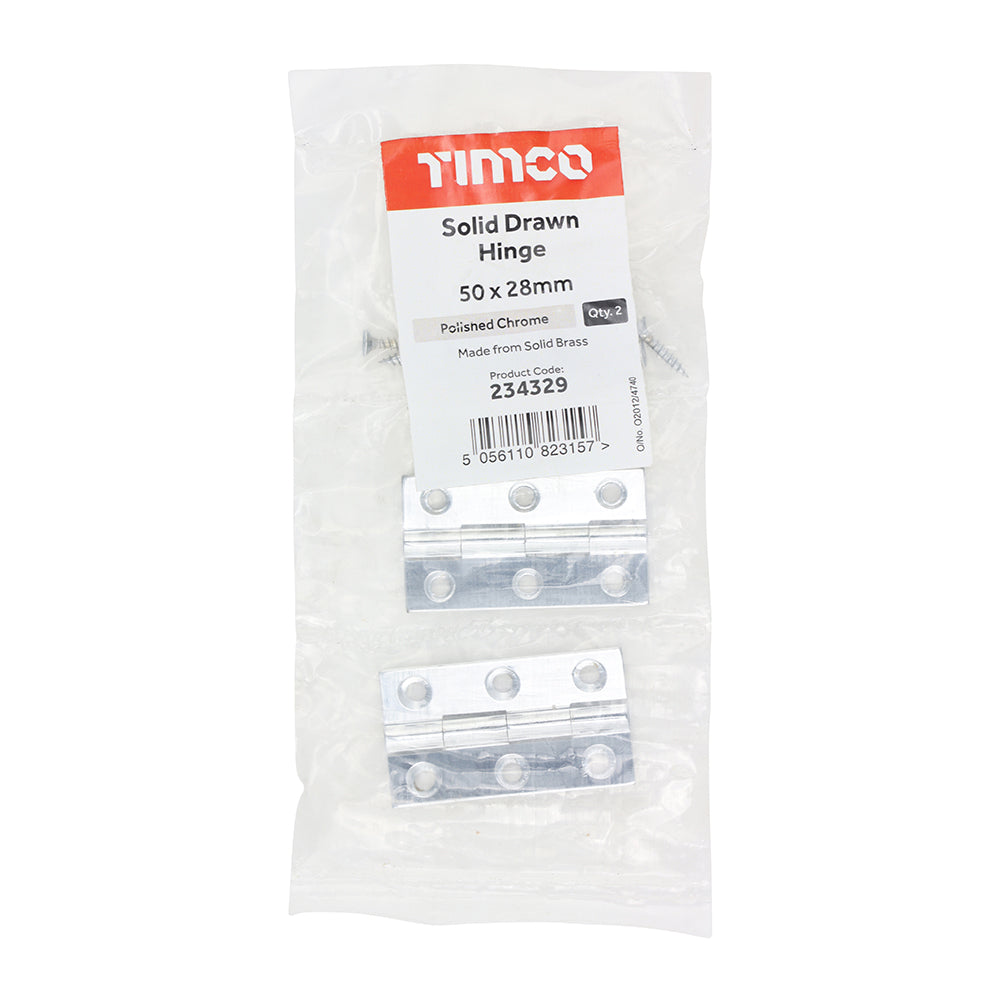This is an image of Timco - Solid Drawn Hinge - Solid Brass - Polished Chrome 50 x 28 (1 Pairs Bag) 234329