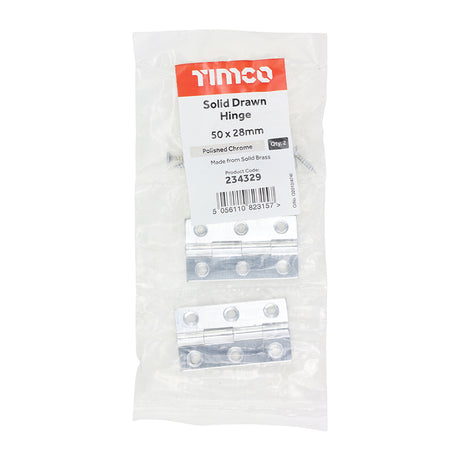 This is an image of Timco - Solid Drawn Hinge - Solid Brass - Polished Chrome 50 x 28 (1 Pairs Bag) 234329