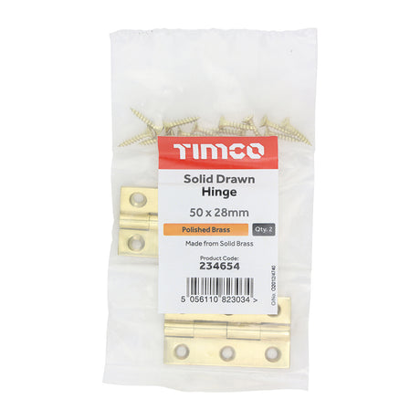 This is an image of Timco - Solid Drawn Hinge - Solid Brass - Polished Brass 50 x 28 (1 Pairs Bag) 234654