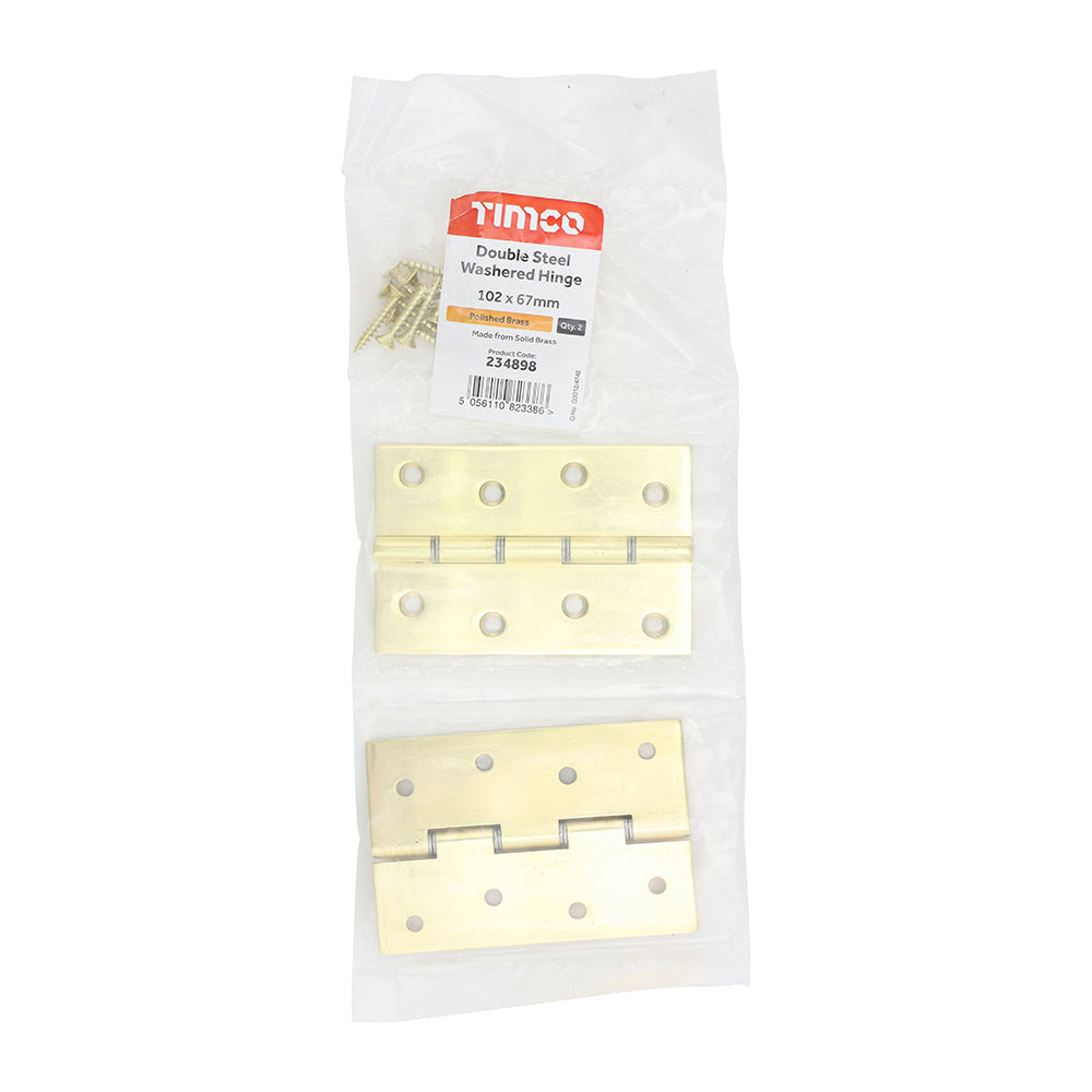 This is an image of Timco - Double Steel Washered Butt Hinge - Solid Brass - Polished Brass 102 x 67 (1 Pairs Bag) 234898