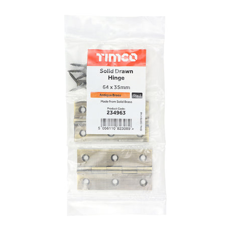 This is an image of Timco - Solid Drawn Hinge - Solid Brass - Antique Brass 64 x 35 (1 Pairs Bag) 234963