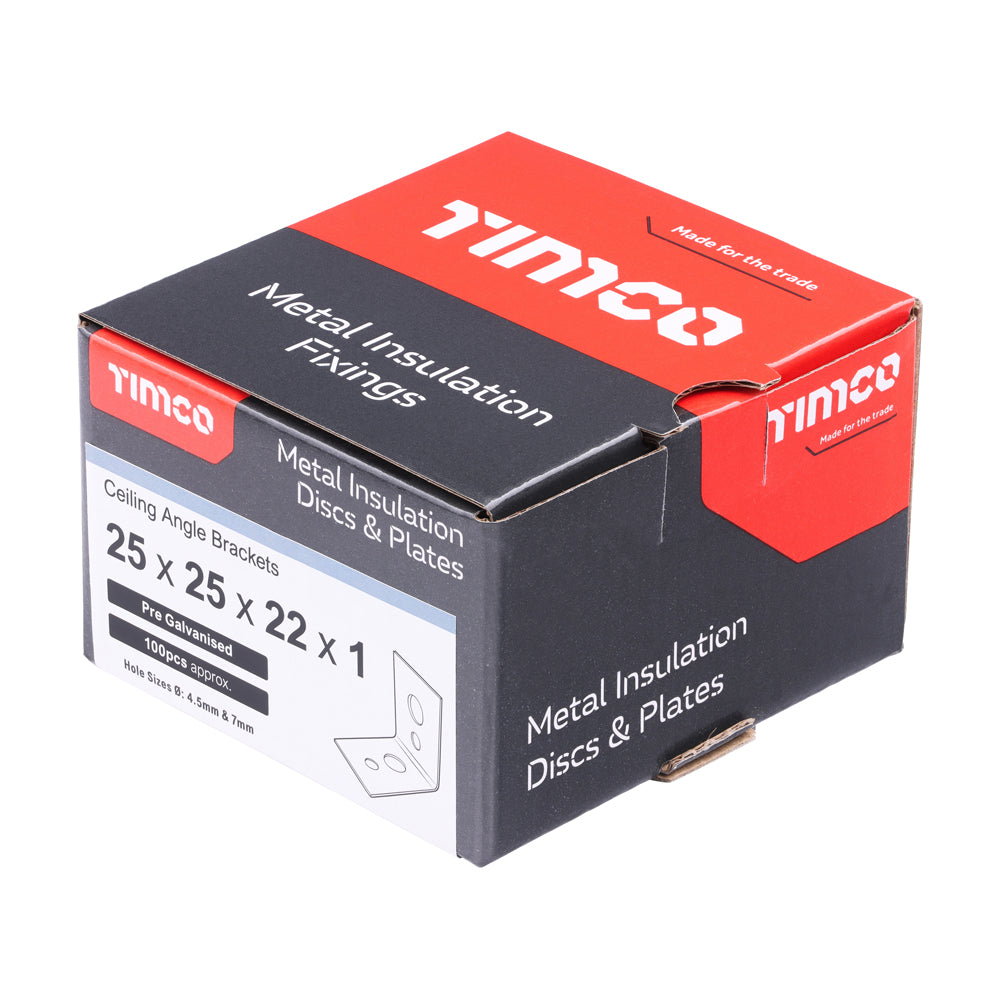 This is an image of Timco - Ceiling Angle Brackets - Galvanised 25 x 25 x 22 x 1mm - (100 PCS Box) 25ABC