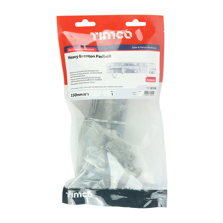 This is an image of Timco - Heavy Brenton Padbolt - Hot Dipped Galvanised 6" (1 Each TIMbag) 287258