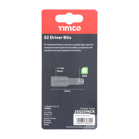 This is an image of Timco - S2 Driver Bits - SQ No.2 x 25 (10 Pieces Handy Bit Pack) 2SQ25PACK