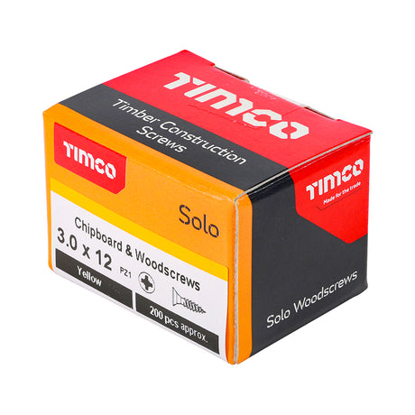 This is an image of Timco - Solo Chipboard & Woodscrews - PZ - Double Countersunk - Yellow 3.0 x 12mm - (200 PCS Box) 30012SOLOC