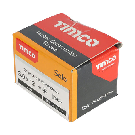 This is an image of Timco - Solo Chipboard & Woodscrews - PZ - Double Countersunk - Zinc 3.0 x 12mm - (200 PCS Box) 30012SOLOZ