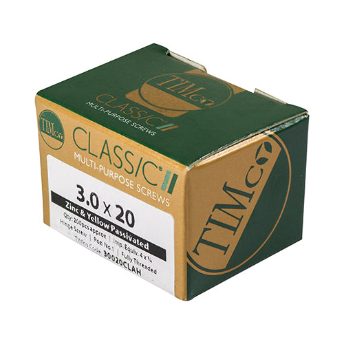 This is an image of Timco - Classic Multi-Purpose Hinge Screws - PZ - Countersunk - Yellow 3.0 x 20mm - (200 PCS Box) 30020CLAH