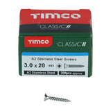 This is an image of Timco - Classic Multi-Purpose Screws - PZ - Double Countersunk - A2 Stainless Steel 3.0 x 20mm - (200 PCS Box) 30020CLASS