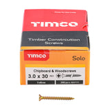 This is an image of Timco - Solo Chipboard & Woodscrews - PZ - Double Countersunk - Yellow 3.0 x 30mm - (200 PCS Box) 30030SOLOC