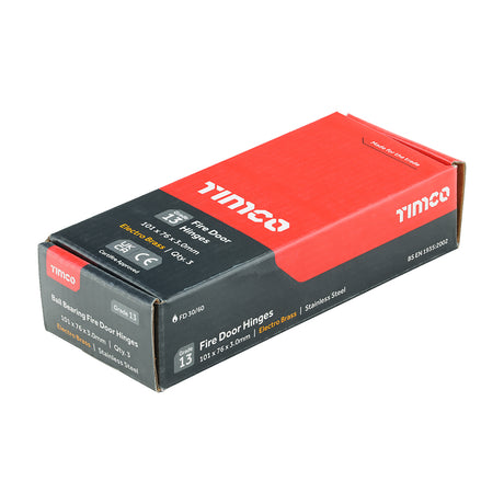 This is an image of Timco - Grade 13 Fire Door Hinges - Electro Brass Stainless Steel 101 x 76 x 3 (1.5 Pairs Box) 334006
