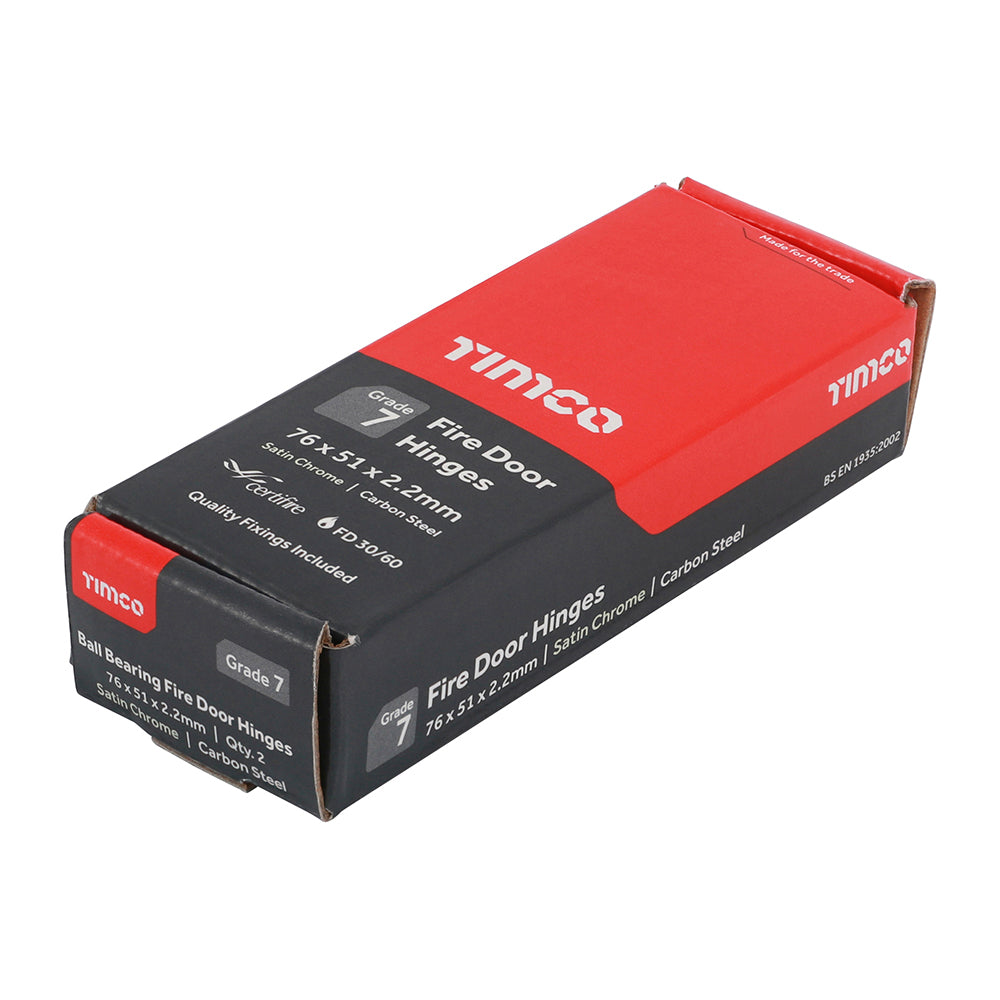 This is an image of Timco - Grade 7 Fire Door Hinges - Satin Chrome 76 x 50 x 2.0 (1 Pairs Box) 334654