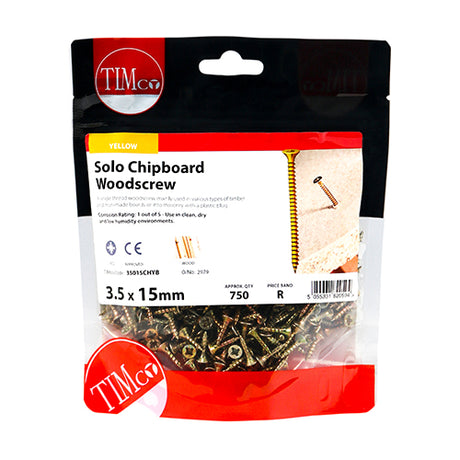 This is an image of Timco - Solo Woodscrews - PZ - Double Countersunk - Yellow 3.5 x 15mm - (750 PCS TIMbag) 35015CHYB
