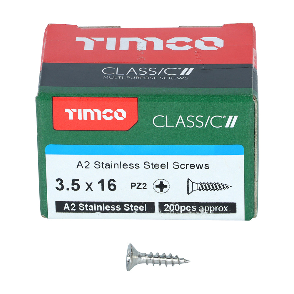 This is an image of Timco - Classic Multi-Purpose Screws - PZ - Double Countersunk - A2 Stainless Steel 3.5 x 16mm - (200 PCS Box) 35016CLASS