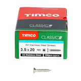 This is an image of Timco - Classic Multi-Purpose Screws - PZ - Double Countersunk - A4 Stainless Steel 3.5 x 20mm - (200 PCS Box) 35020CLA4