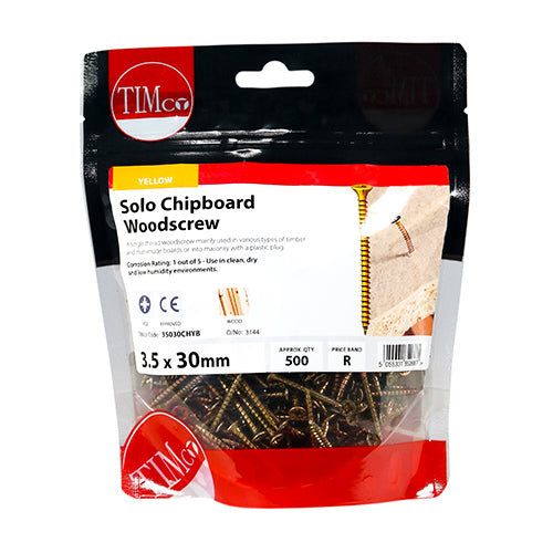 This is an image of Timco - Solo Woodscrews - PZ - Double Countersunk - Yellow 3.5 x 30mm - (500 PCS TIMbag) 35030CHYB