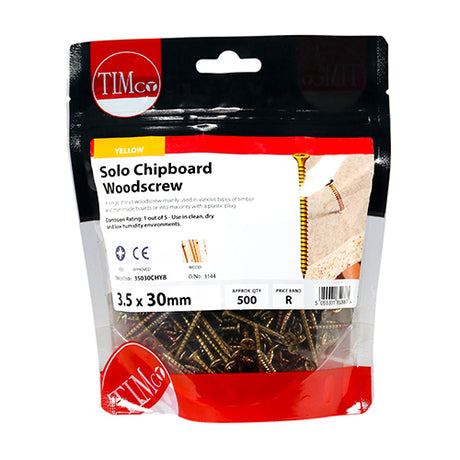 This is an image of Timco - Solo Woodscrews - PZ - Double Countersunk - Yellow 3.5 x 30mm - (500 PCS TIMbag) 35030CHYB