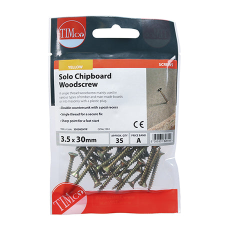 This is an image of Timco - Solo Woodscrews - PZ - Double Countersunk - Yellow 3.5 x 30mm - (35 PCS TIMpac) 35030CHYP