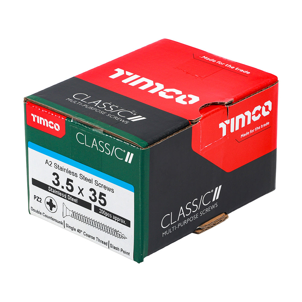 This is an image of Timco - Classic Multi-Purpose Screws - PZ - Double Countersunk - A2 Stainless Steel 3.5 x 35mm - (200 PCS Box) 35035CLASS
