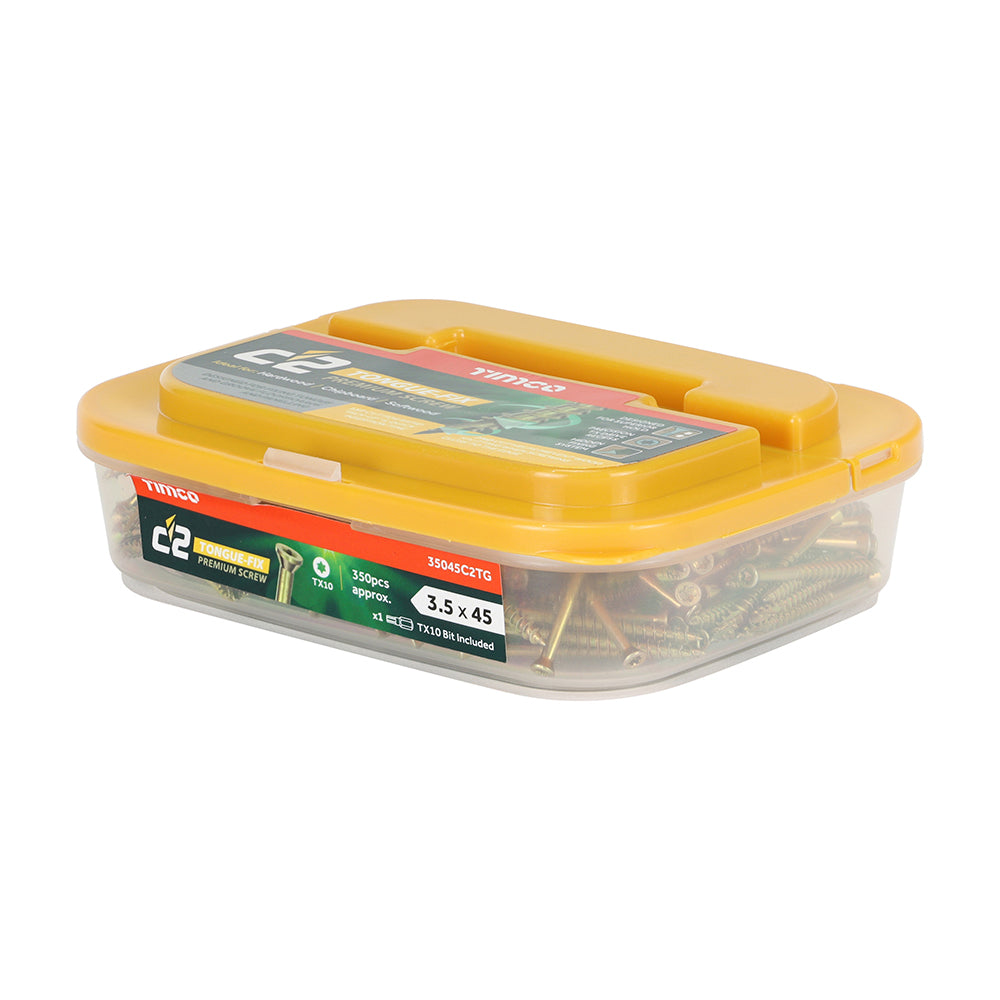 This is an image of Timco - C2 Tongue-Fix Screws - TX - Reduced Countersunk - Twin-Cut - Yellow 3.5 x 45mm - (350 PCS Tub) 35045C2TG