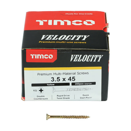 This is an image of Timco - Velocity Premium Multi-Use Screws - PZ - Double Countersunk - Yellow 3.5 x 45mm - (200 PCS Box) 35045VY