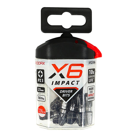 This is an image of Timco - Impact Driver Bits - PZ No.3 x 25 (10 Pieces Handy Bit Pack) 3PZ25X6