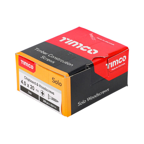 This is an image of Timco - Solo Chipboard & Woodscrews - PZ - Double Countersunk - Zinc 4.0 x 20mm - (200 PCS Box) 40020SOLOZ