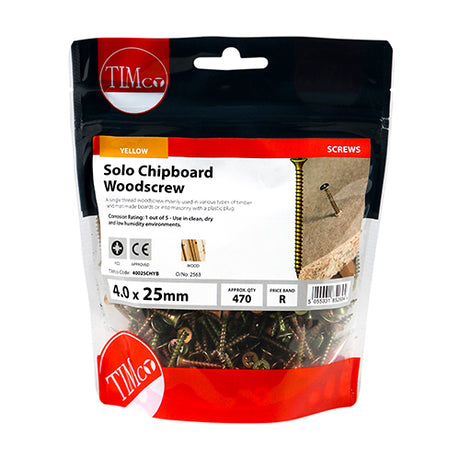 This is an image of Timco - Solo Woodscrews - PZ - Double Countersunk - Yellow 4.0 x 25mm - (470 PCS TIMbag) 40025CHYB
