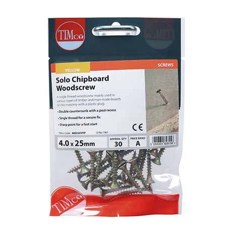 This is an image of Timco - Solo Woodscrews - PZ - Double Countersunk - Yellow 4.0 x 25mm - (30 PCS TIMpac) 40025CHYP