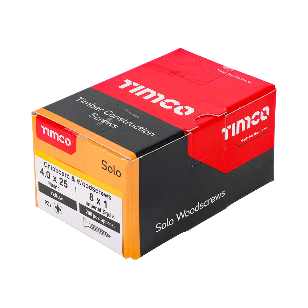 This is an image of Timco - Solo Chipboard & Woodscrews - PZ - Double Countersunk - Yellow 4.0 x 25mm - (200 PCS Box) 40025SOLOC