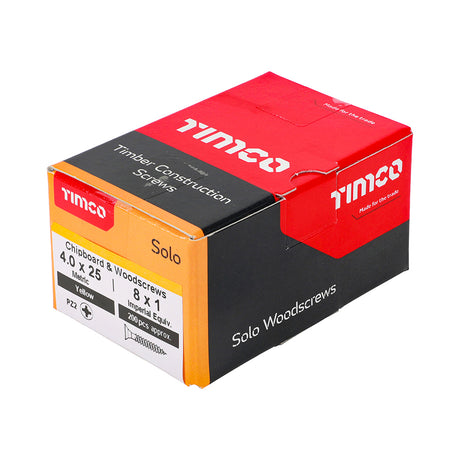This is an image of Timco - Solo Chipboard & Woodscrews - PZ - Double Countersunk - Yellow 4.0 x 25mm - (200 PCS Box) 40025SOLOC