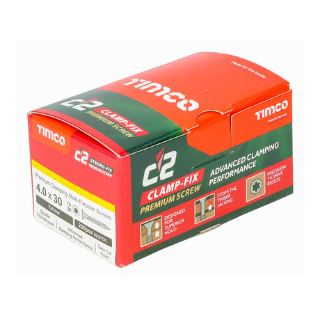 This is an image of Timco - C2 Clamp-Fix Screws - TX - Double Countersunk with Ribs - Twin-Cut - Yellow 4.0 x 30mm - (200 PCS Box) 40030C2C