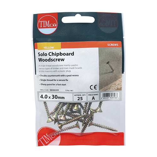 This is an image of Timco - Solo Woodscrews - PZ - Double Countersunk - Yellow 4.0 x 30mm - (25 PCS TIMpac) 40030CHYP