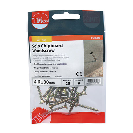 This is an image of Timco - Solo Woodscrews - PZ - Double Countersunk - Yellow 4.0 x 30mm - (25 PCS TIMpac) 40030CHYP