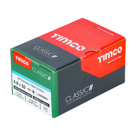 This is an image of Timco - Classic Multi-Purpose Screws - PZ - Double Countersunk - A4 Stainless Steel 4.0 x 30mm - (200 PCS Box) 40030CLA4