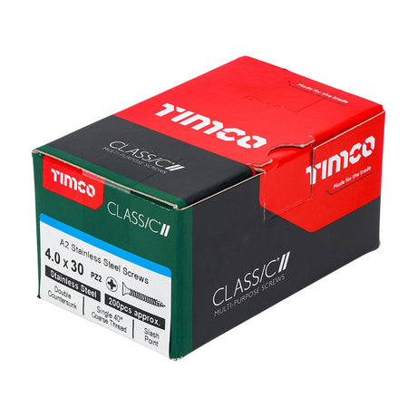 This is an image of Timco - Classic Multi-Purpose Screws - PZ - Double Countersunk - A2 Stainless Steel 4.0 x 30mm - (200 PCS Box) 40030CLASS