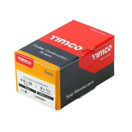 This is an image of Timco - Solo Chipboard & Woodscrews - PZ - Double Countersunk - Yellow 4.0 x 30mm - (200 PCS Box) 40030SOLOC