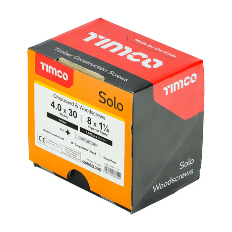 This is an image of Timco - Solo Chipboard & Woodscrews - Industry Pack - PZ - Double Countersunk - Yellow 4.0 x 30mm - (1000 PCS Box) 40030SOLOIND