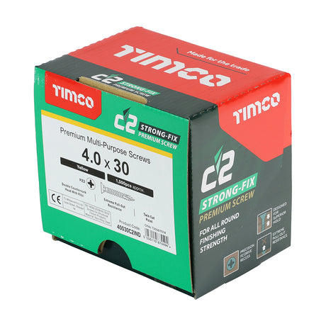 This is an image of Timco - C2 Strong-Fix Screws - PZ - Double Countersunk - Twin-Cut - Yellow 4.0 x 30mm - (1000 PCS Box) 40030C2IND