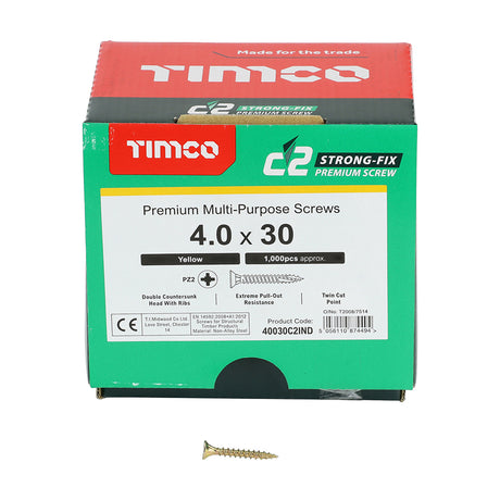 This is an image of Timco - C2 Strong-Fix Screws - PZ - Double Countersunk - Twin-Cut - Yellow 4.0 x 30mm - (1000 PCS Box) 40030C2IND